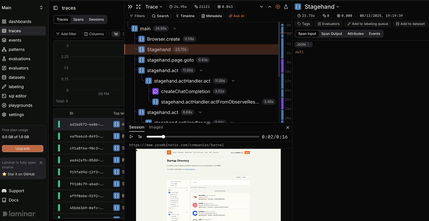 Scrubbing through a Stagehand run with synced browser recording