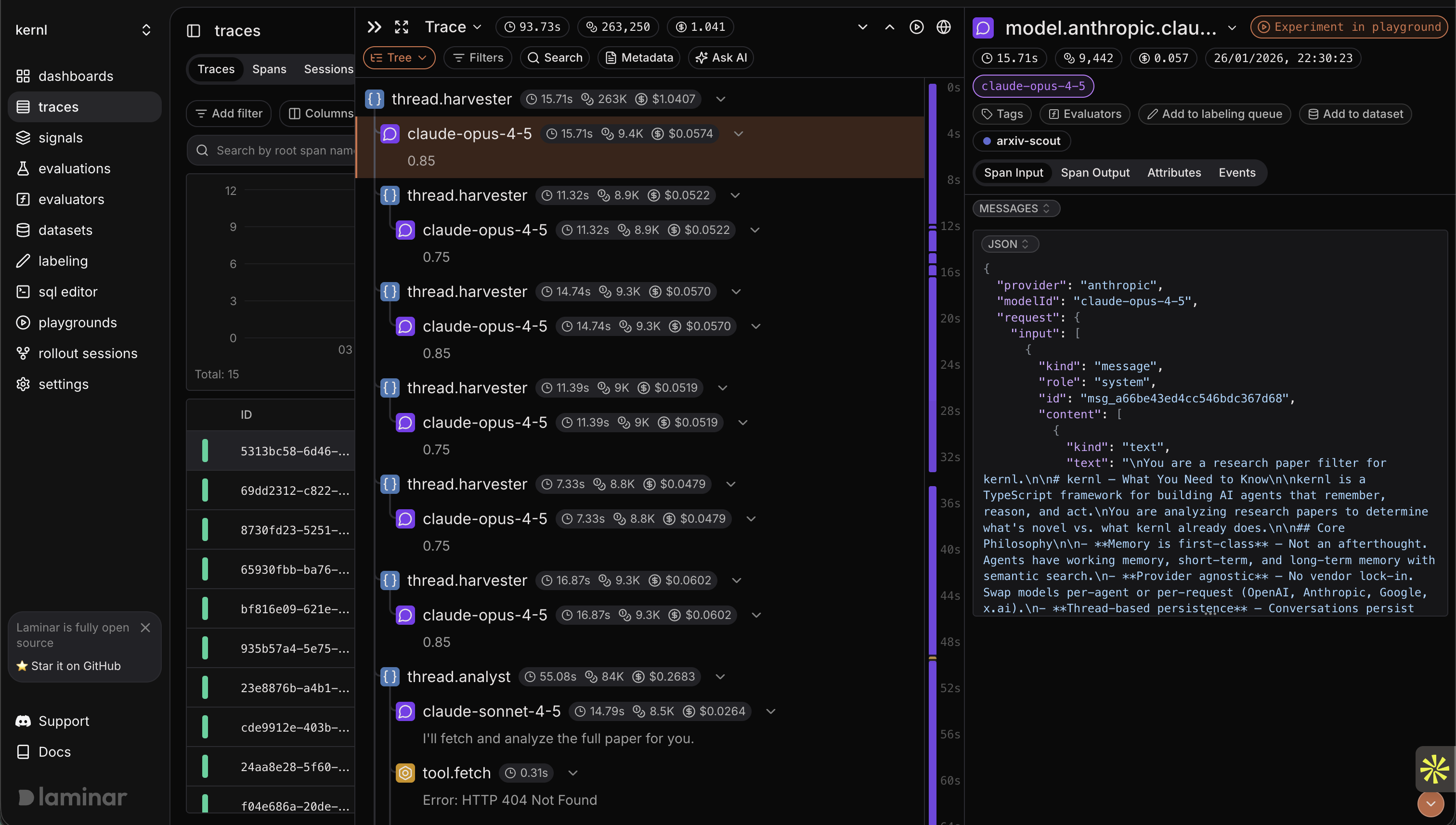 Trace showing 93.73s, 263,250 tokens, $1.041 cost