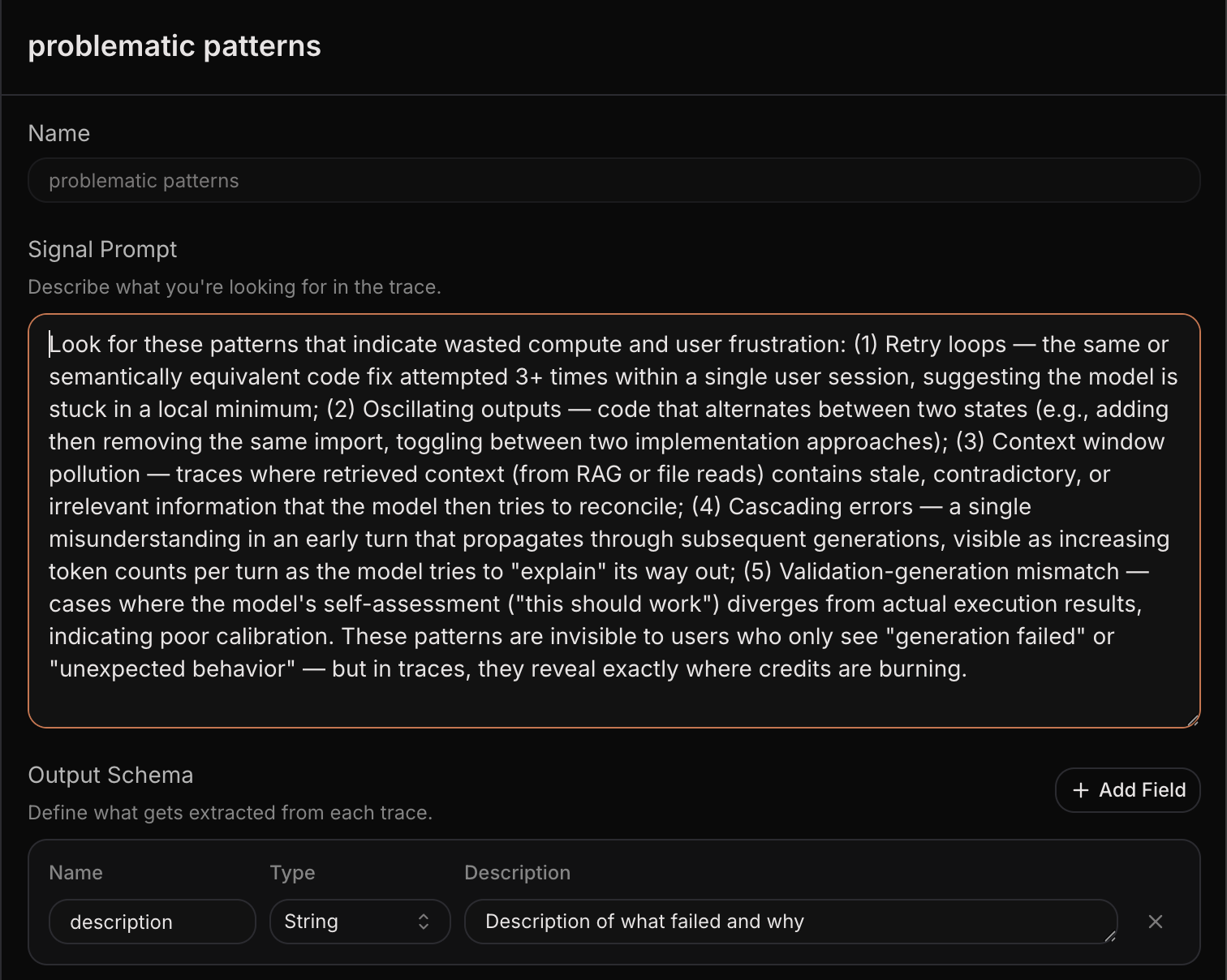 Signal configuration showing prompt and output schema