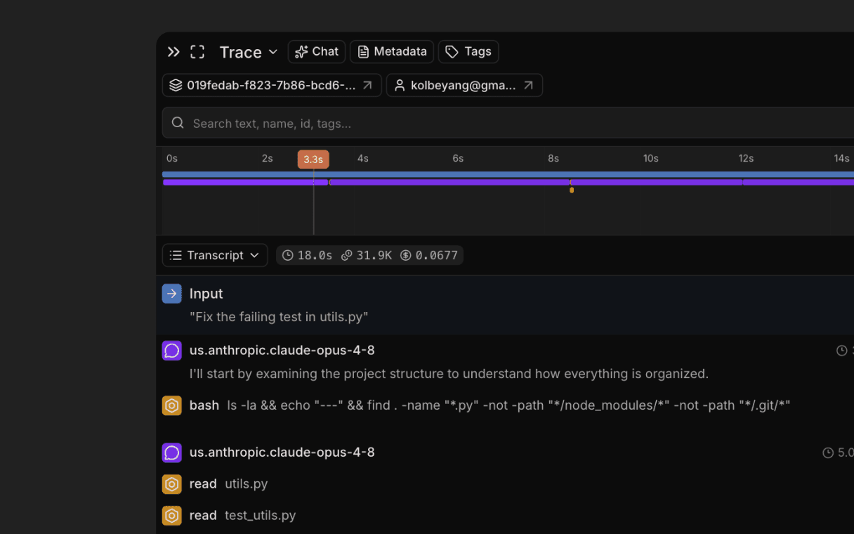 A coding agent trace in Laminar's Transcript View