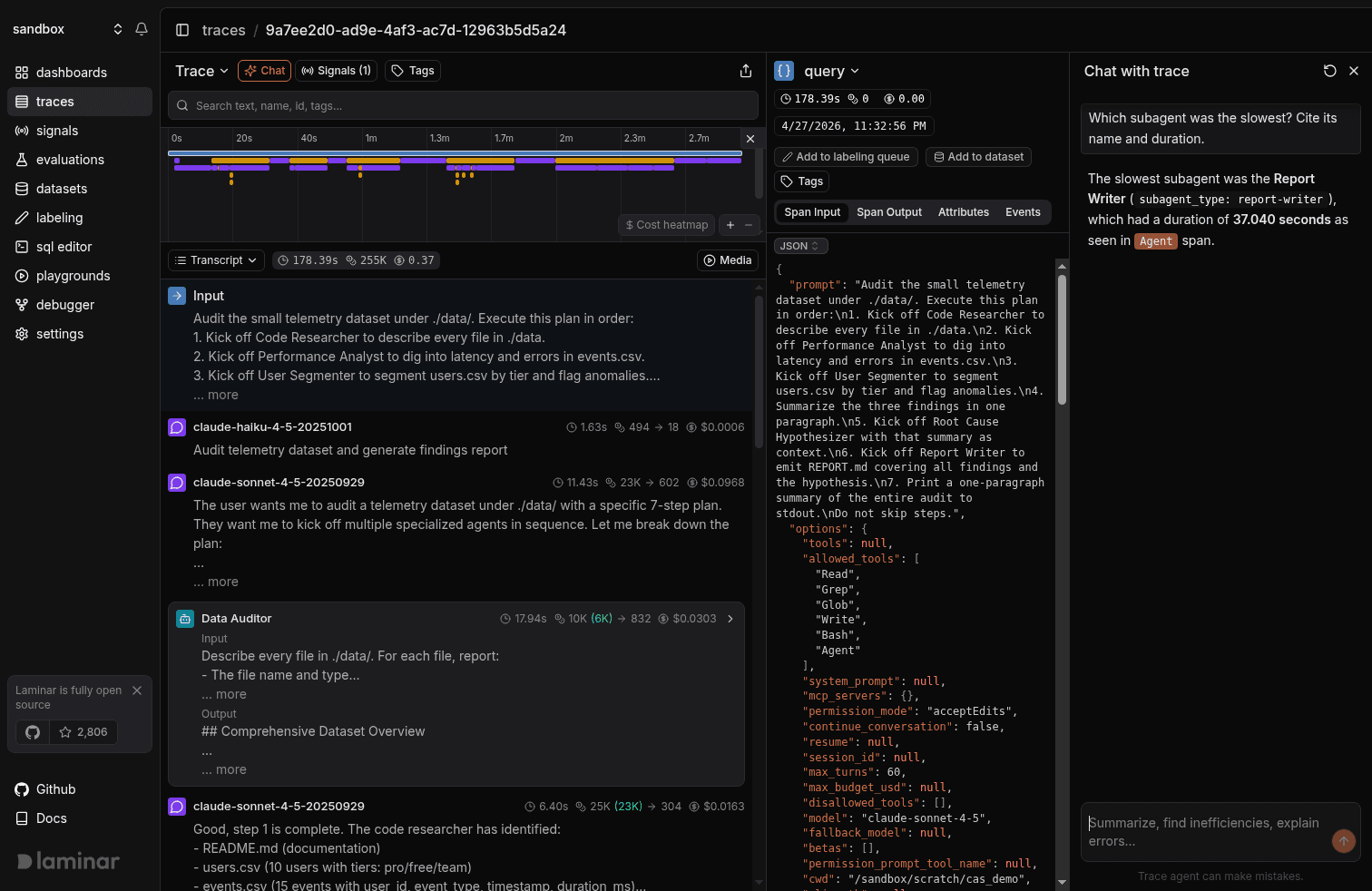 Chat with trace panel answering "which subagent was slowest." The answer names the Report Writer subagent, cites its Agent span inline as a clickable pill, identifies its final anthropic.messages call as the dominant contributor, and shows 37 seconds of elapsed time.