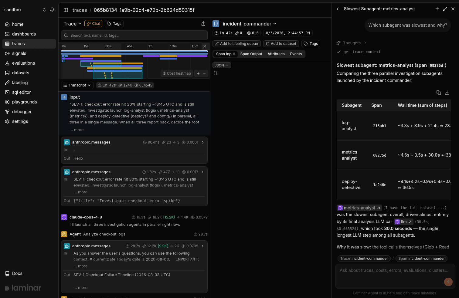 Chat with trace answering "which subagent was slowest." The answer renders a table comparing the three investigators' wall time, names metrics-analyst (38.2s) as the slowest, cites its span as a clickable pill, and pins the cause on a single 30-second LLM synthesis call.