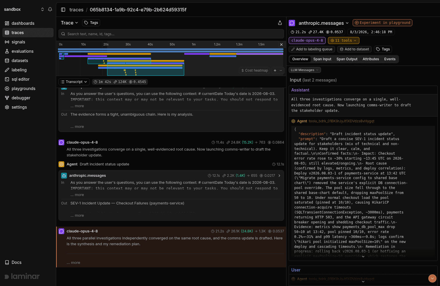 The timeline strip at the top of a 1m 42s multi-agent incident response. The orchestrator's LLM turns run across the top; three investigator subagents start at the same x-coordinate and run in parallel, and the comms-writer runs alone near the end of the trace.