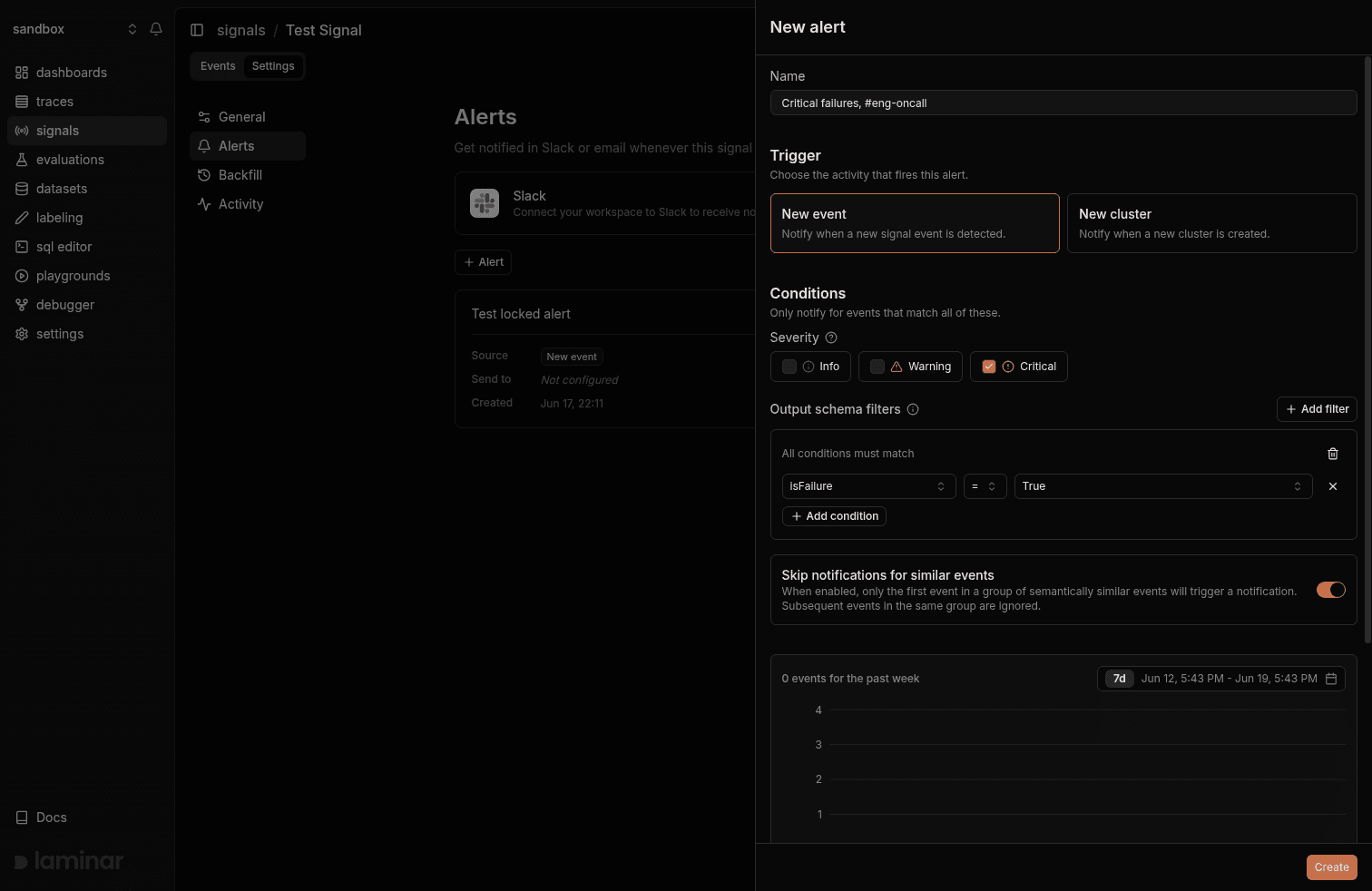 The New alert drawer in Laminar: trigger set to New event, severity filtered to Critical, an output schema filter isFailure = True, and the skip-similar-events toggle switched on