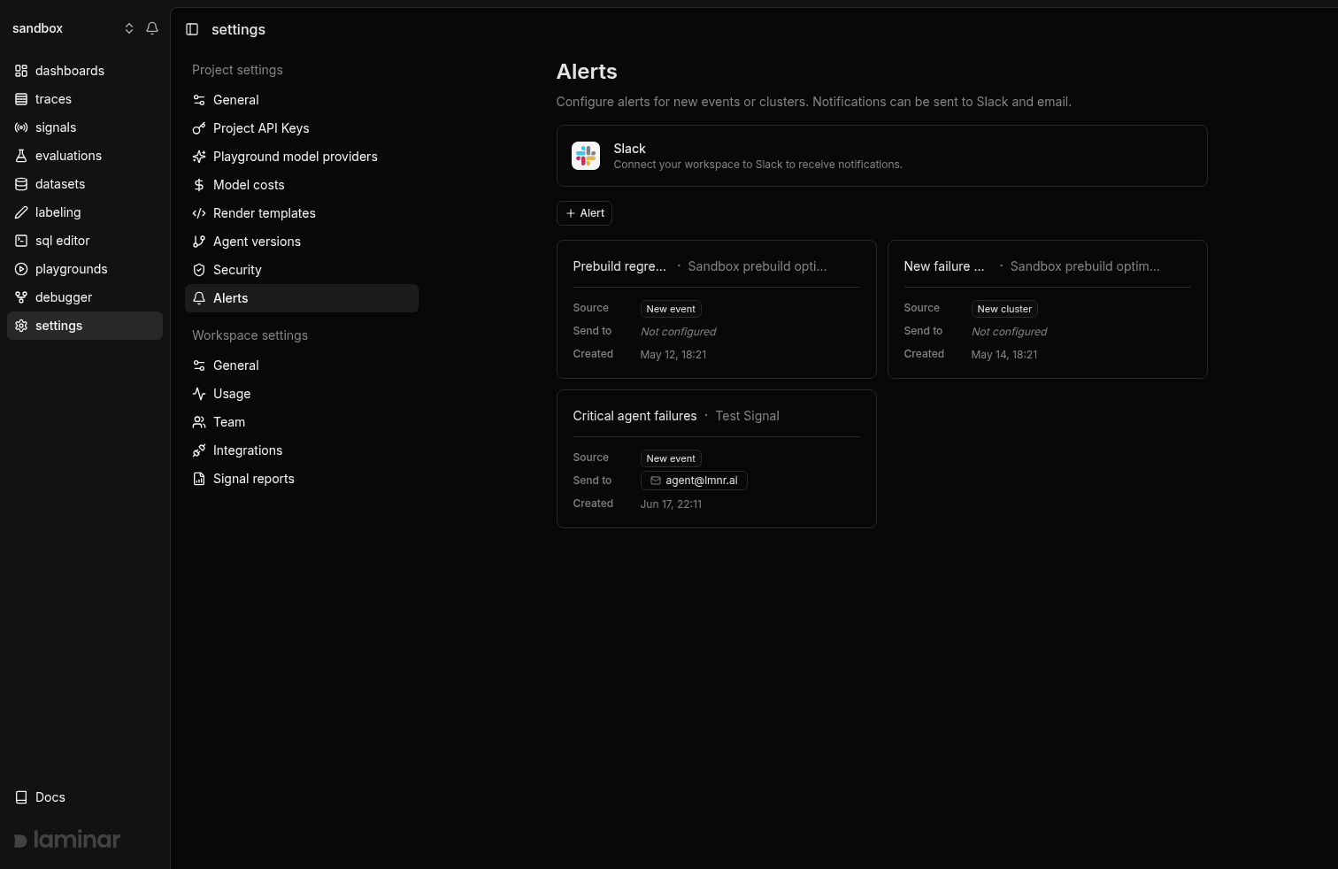 Project alerts settings showing configured signal alerts and a connected Slack workspace.