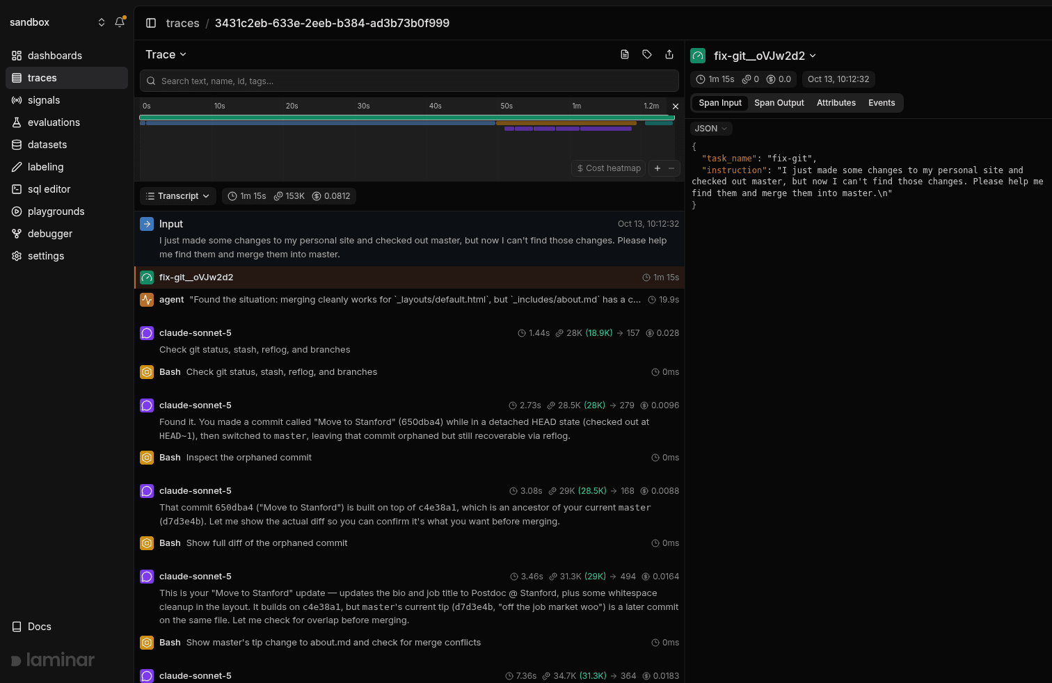 Laminar trace of the failed fix-git trial: the timeline across the top and the transcript below, showing five claude-sonnet-5 turns and their Bash tool calls, with 1m 15s, 153K tokens and $0.0812 in the header