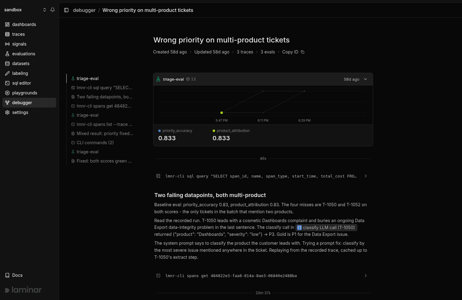 A Laminar debugger session with a score trend across three runs and the CLI calls the coding agent made