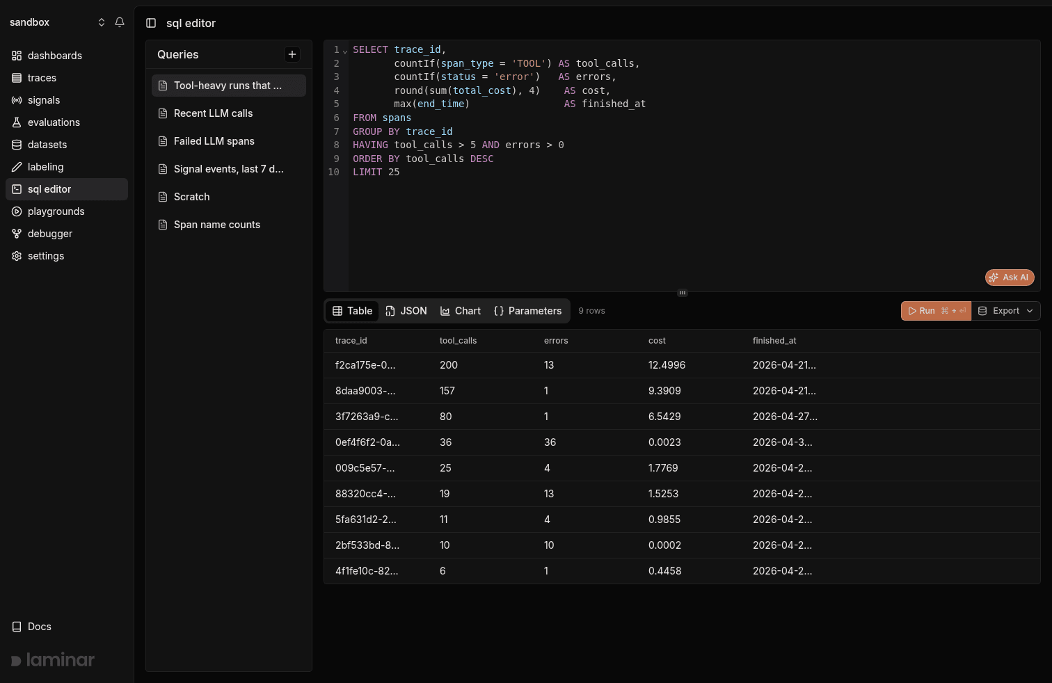 Laminar SQL editor running a query over spans to find tool-heavy runs that errored