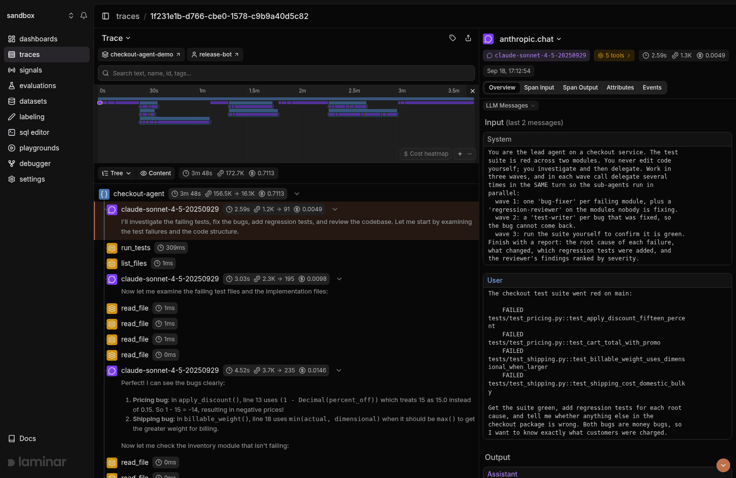 Laminar timeline view showing sub-agents running in parallel