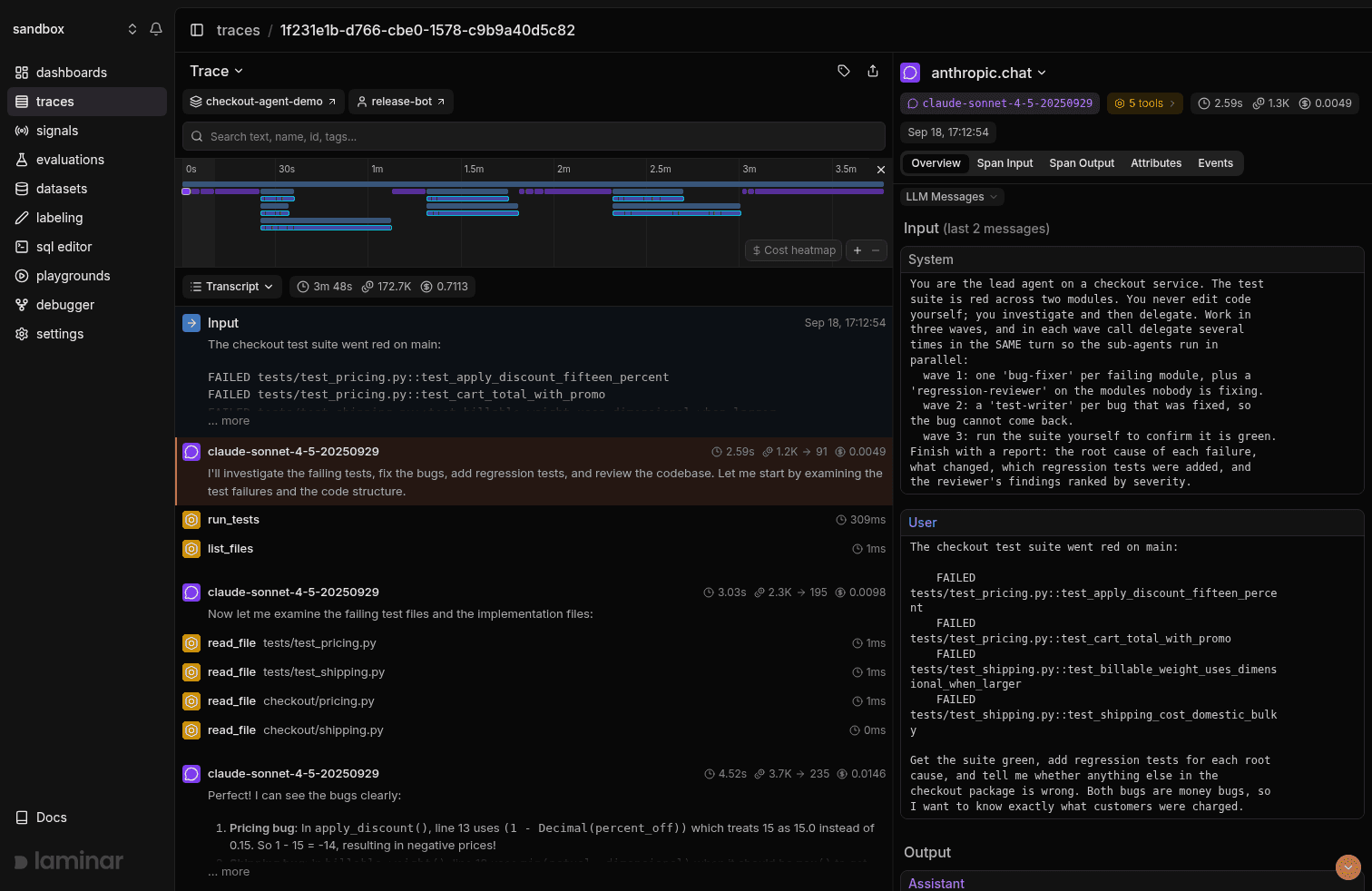 Laminar transcript view of an agent run rendered as a conversation