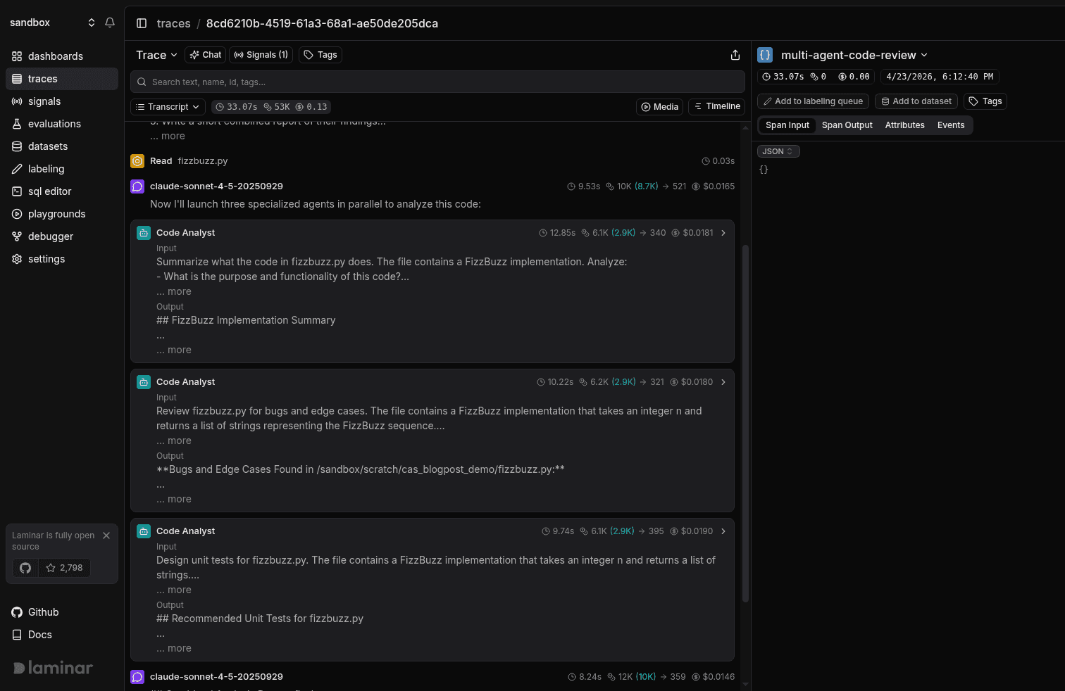 A subagent card expanded in place inside Transcript view, with its LLM turn and tool call rendered inline.