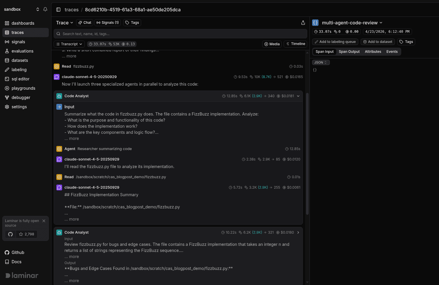 Laminar transcript view showing a multi-agent Claude Agent SDK run, with each subagent rendered as a collapsible card.