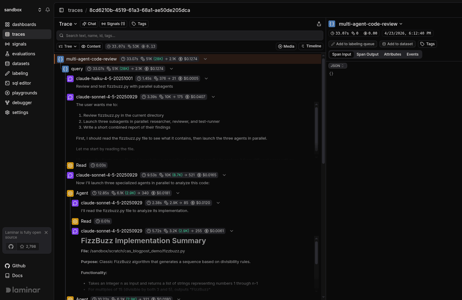 The same trace in tree view: the multi-agent-code-review root contains a query span with three nested Agent invocations and their own LLM turns. Every row has equal visual weight, and the three subagents and their children are interleaved in the list.