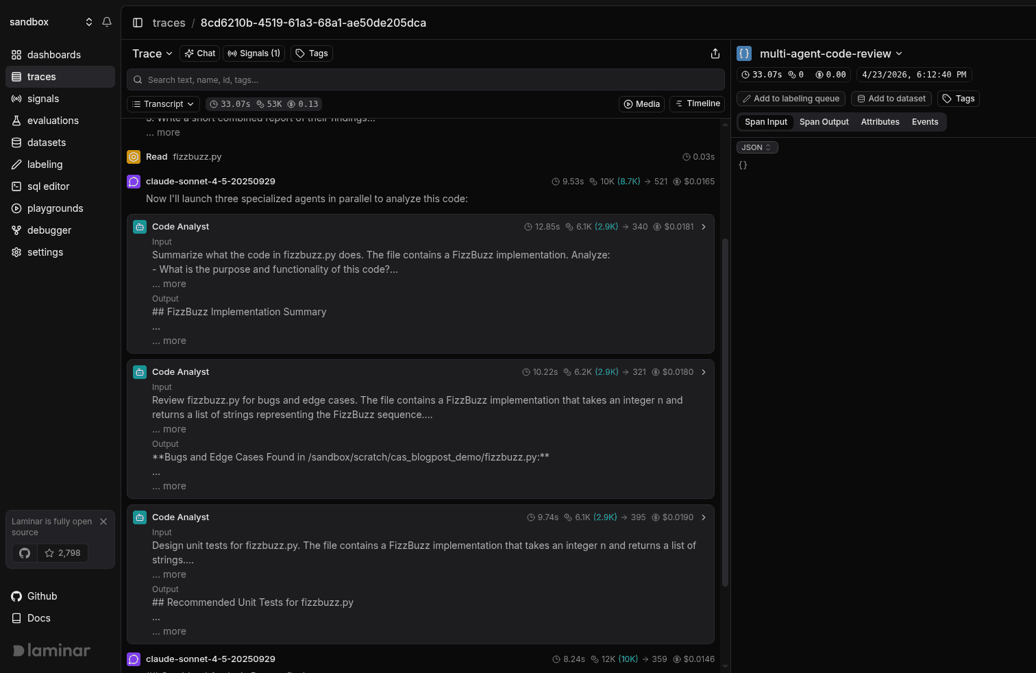Transcript view of a multi-agent Claude Agent SDK run: the orchestrator's LLM turn sits above three subagent cards, each named Code Researcher and showing its Input prompt and Output preview inline.