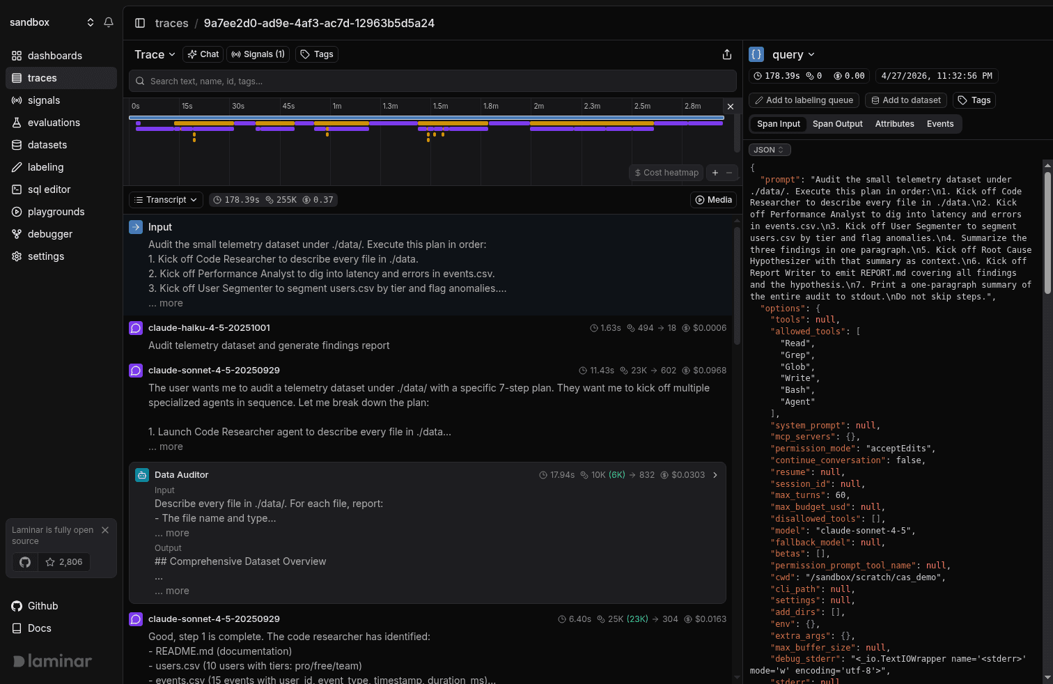 Transcript view of a multi-agent Claude Agent SDK run: the orchestrator's LLM turn sits above a subagent card showing Input prompt and Output preview inline.