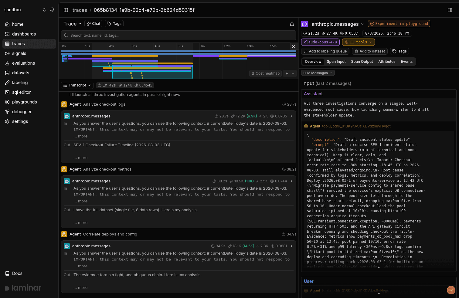 Transcript view of the multi-agent incident response: the orchestrator's turn ("I'll launch all three investigation agents in parallel right now") sits above three collapsed subagent cards named Analyze checkout logs, Analyze checkout metrics, and Correlate deploys and config, each with its input prompt and output preview inline.