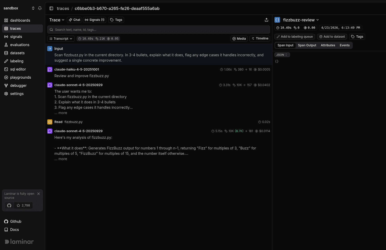 Transcript view of a single-agent fizzbuzz review: three LLM turns interleaved with two Read calls, each argument previewed inline.