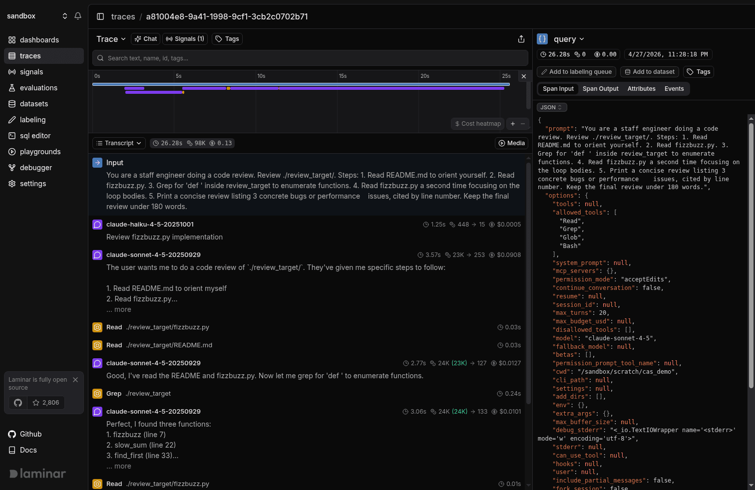 Transcript view of a single-agent fizzbuzz review: three LLM turns interleaved with two Read calls, each argument previewed inline.