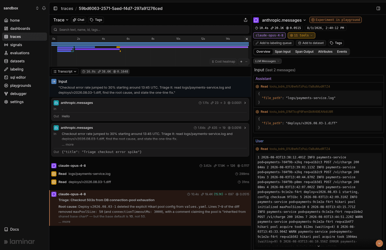 Transcript view of a single-agent incident triage: the paging prompt, two Read tool calls on the service log and the deploy diff, and the model's final turn titled "Triage: Checkout 503s from DB connection-pool exhaustion", with the raw log lines visible in the span pane on the right.