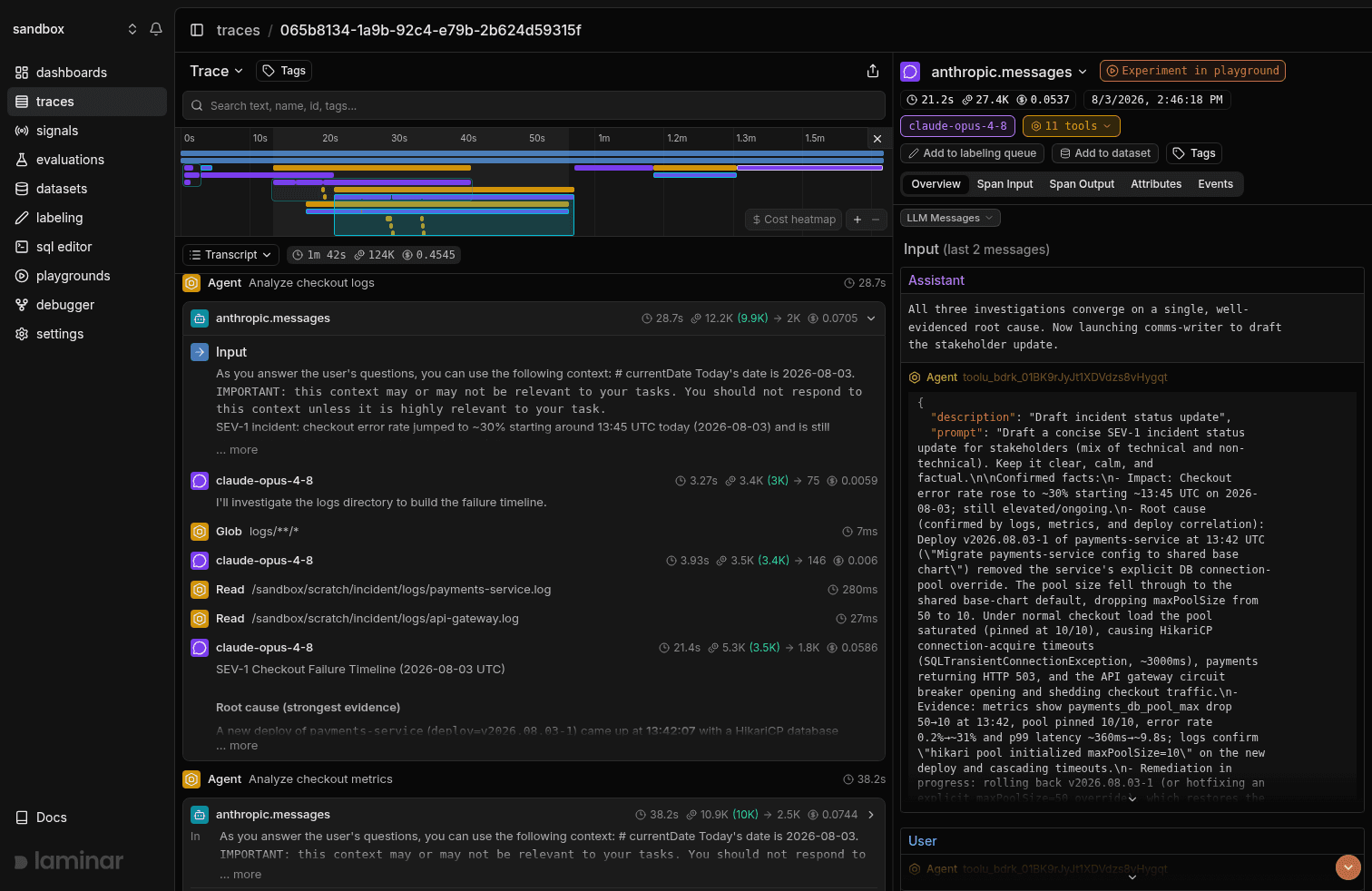 The Analyze checkout logs subagent card expanded in place, showing its own Input prompt and nested child spans (claude-opus-4-8 turns, a Glob, and two Read calls on the log files) scoped to the subagent. The orchestrator's turn above stays visible; the other investigator cards stay collapsed.